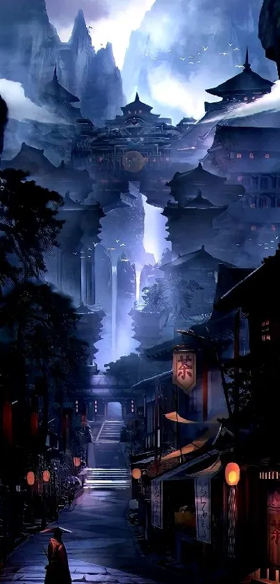 Mystical nightscape with ancient buildings under a dark blue sky.