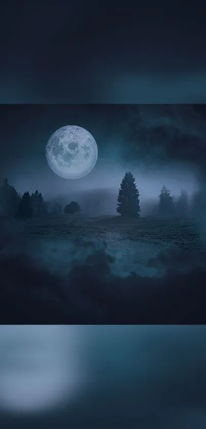 Mystical moonlit night with a forest under a bright full moon.