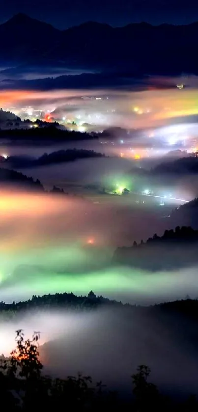 Mystical foggy valley with colorful night glow.