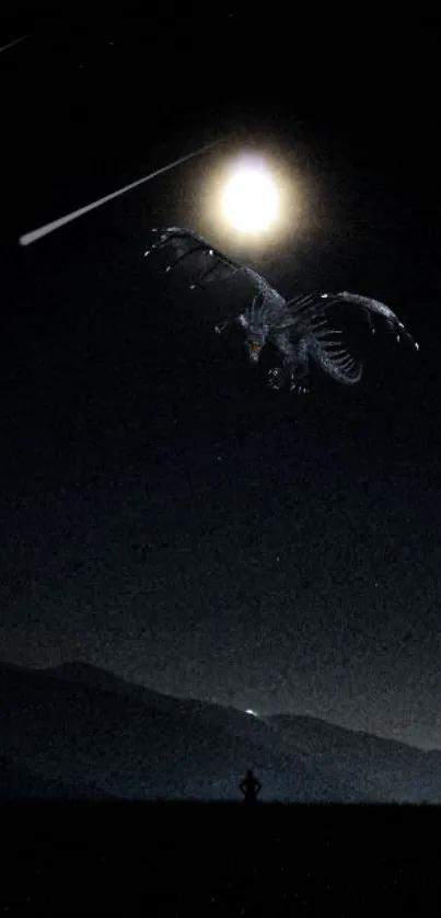 A bird flying under a full moon in a dark night sky wallpaper.