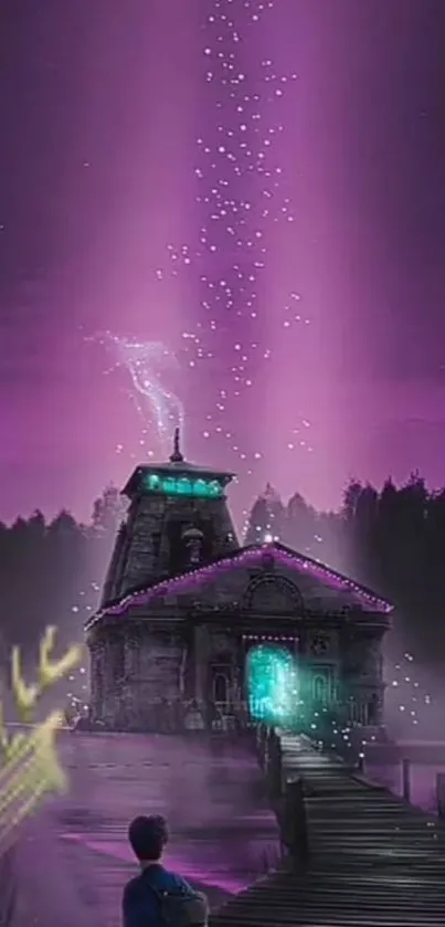 Mystical cottage under a purple-lit sky with enchanting night ambiance.