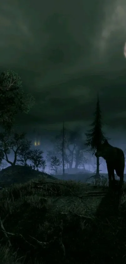 Moonlit night with a wolf silhouette in a mystical forest scene.