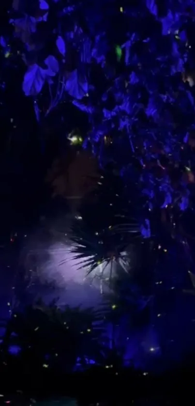 Mystical night forest with glowing plants.