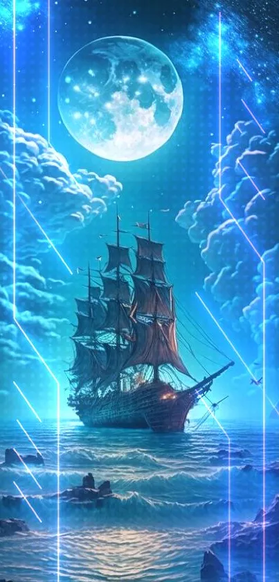 Mystical ship sailing under a full moon and starry sky seascape.