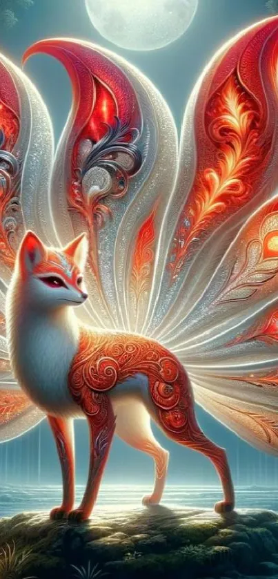 Intricate nine-tailed fox with vibrant red and orange hues under a glowing moon.