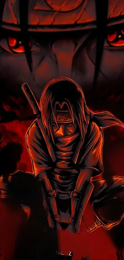 Intense anime ninja wallpaper with red hues and mysterious elements.