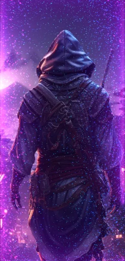 Hooded figure in a mystical purple nightscape with glowing lights.