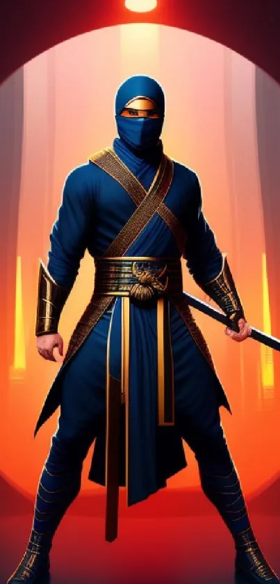 Ninja warrior in blue costume with glowing orange background.