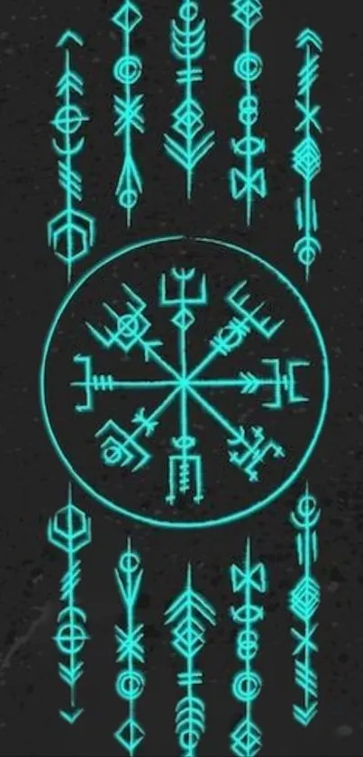 Mystical turquoise Norse runes on dark background mobile wallpaper.