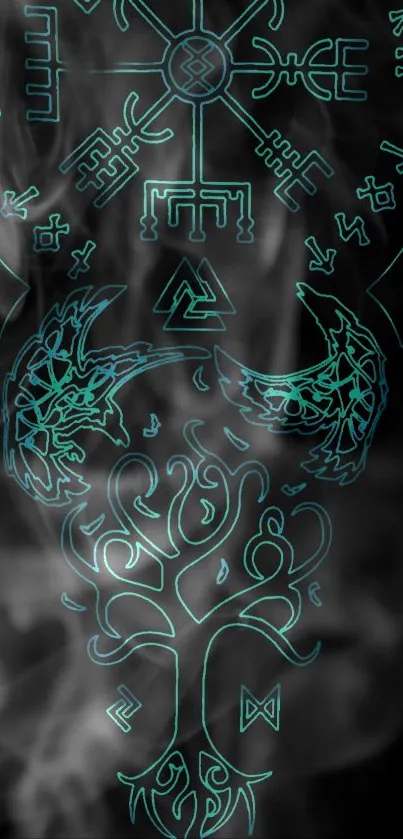 Intricate mystical Norse symbols with ethereal smoke on a dark background.