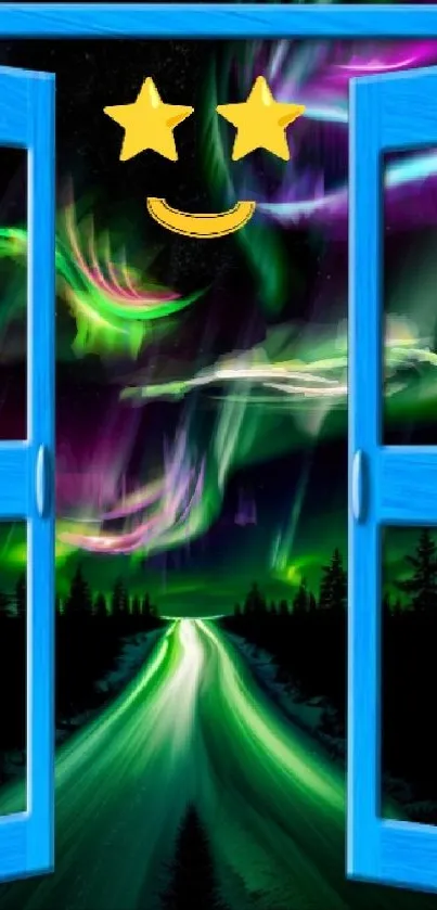 Aurora borealis through open doors with a smiley face against a night sky.