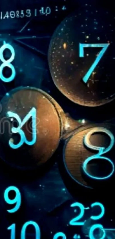 Mystical numbers on digital cosmic wallpaper.
