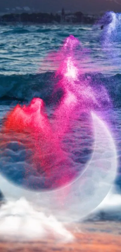 Mystical ocean scene with pink and purple hues creating a cosmic dreamscape.