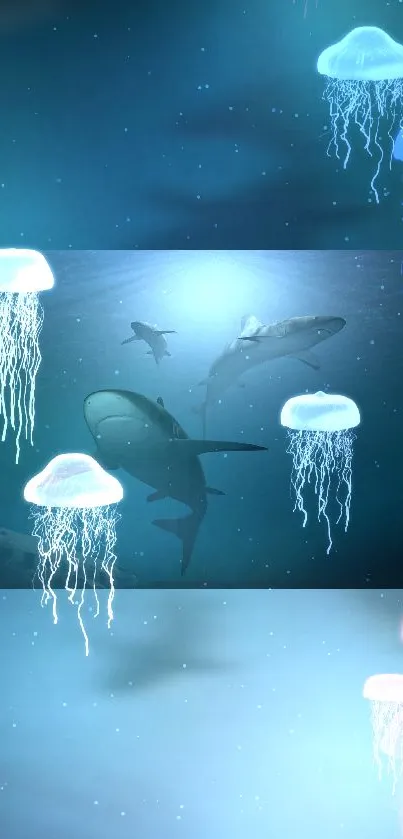 Underwater scene with jellyfish and sharks in a mystical ocean.