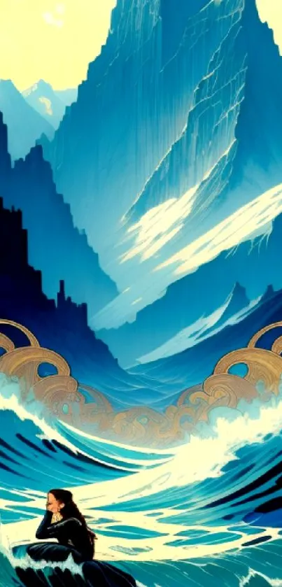 Art Nouveau styled ocean and mountain wallpaper, with elegant waves and serene beauty.