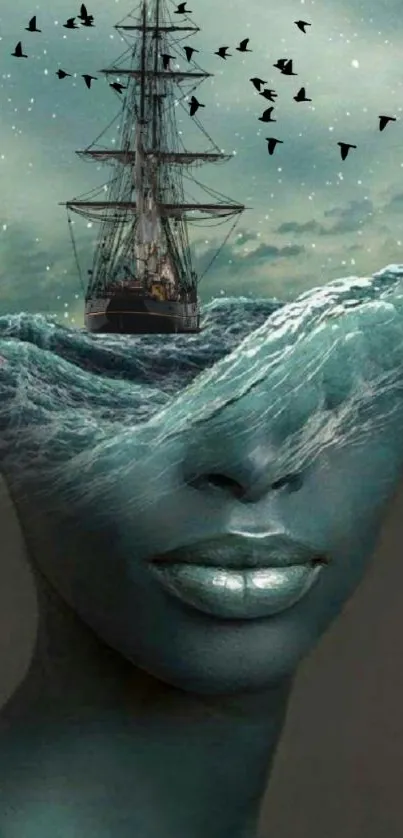 Surreal ocean-themed wallpaper with ship sailing on waves forming a face.