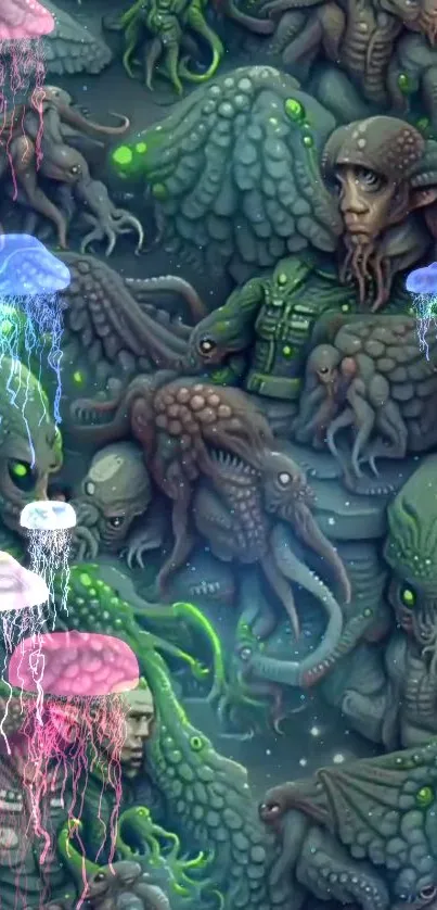 Surreal wallpaper with marine creatures, octopuses, and glowing jellyfish.