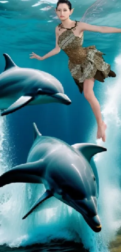 Mystical dance with dolphins underwater in ocean blue setting.