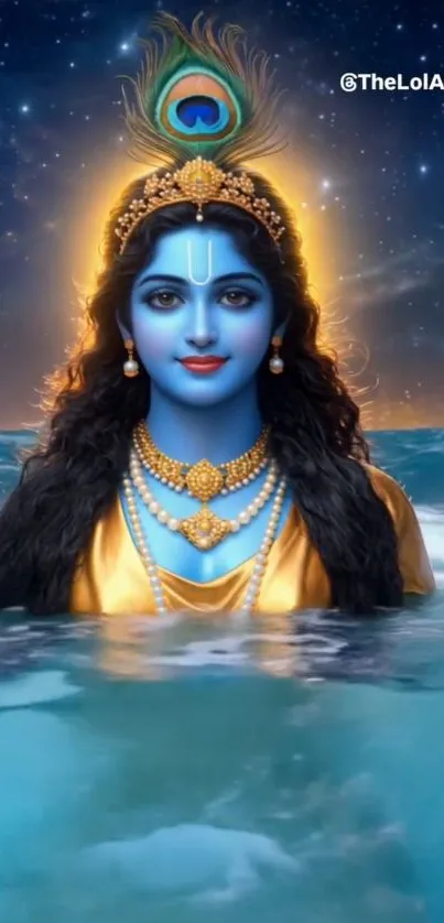 A mystical blue deity emerges from the ocean with a starry night sky.