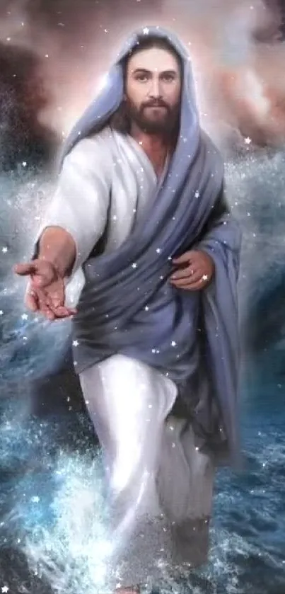 Divine figure walking on water with a cosmic ocean backdrop.