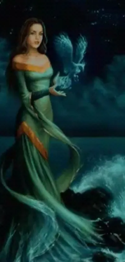 Mystical ocean-themed wallpaper with a woman and magical creature.