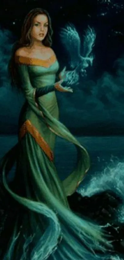 Woman in green dress with mystical bird over ocean waves at night.