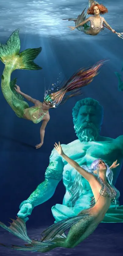 Underwater fantasy art with mermaids and a statue in deep blue hues.