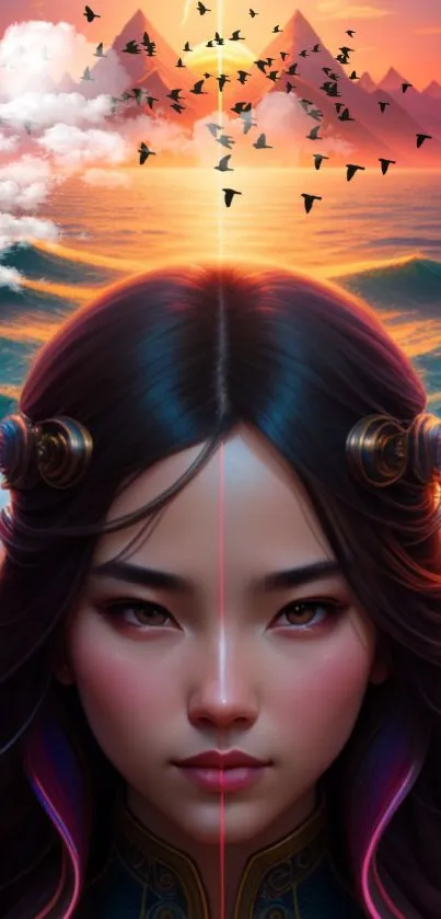 Fantasy art of mystical ocean at sunset with ethereal figure.