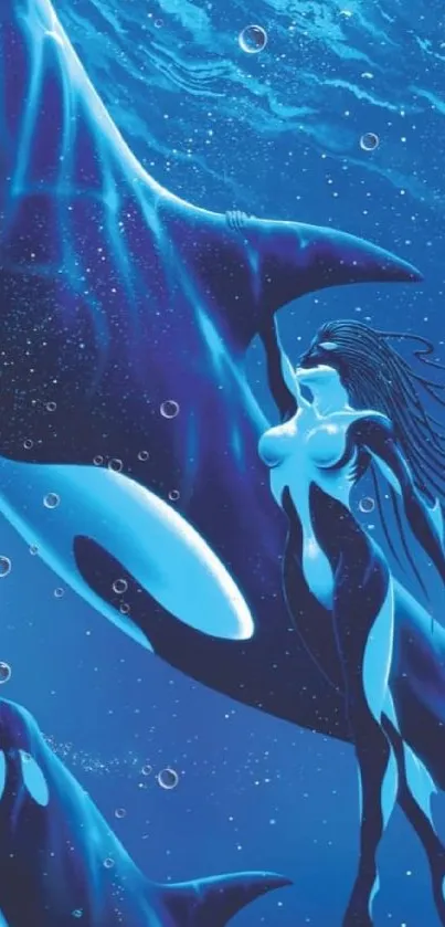 Fantasy art of woman swimming with orcas in a mystical blue ocean scene.