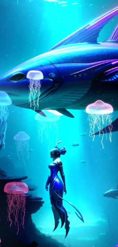 A futuristic mermaid with a luminous shark in a deep blue ocean fantasy setting.