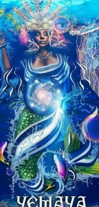 Mobile wallpaper depicting a mystical ocean goddess in vibrant blue tones.