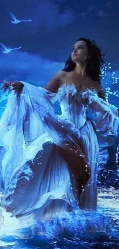 Mystical ocean goddess with flowing robes and ethereal birds.