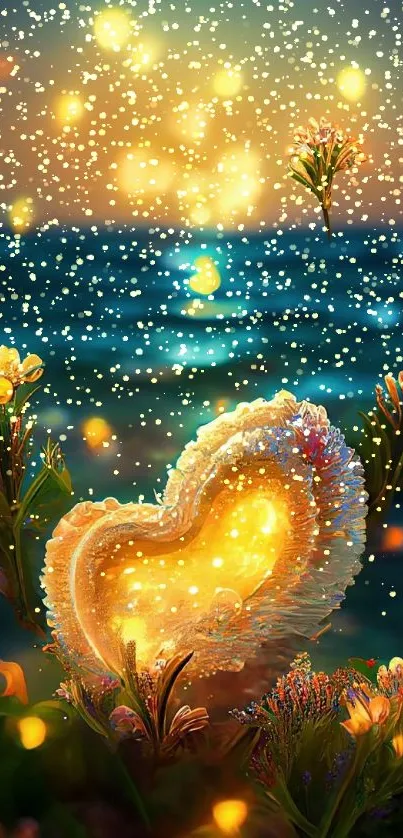 Mystical ocean heart glowing amid vibrant flowers at sunset.