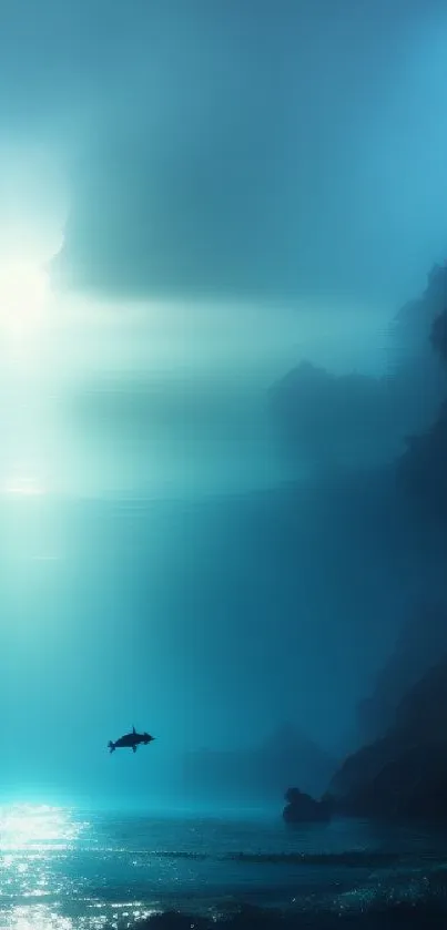 A mystical ocean scene with sunlight and fish, perfect for mobile wallpaper.