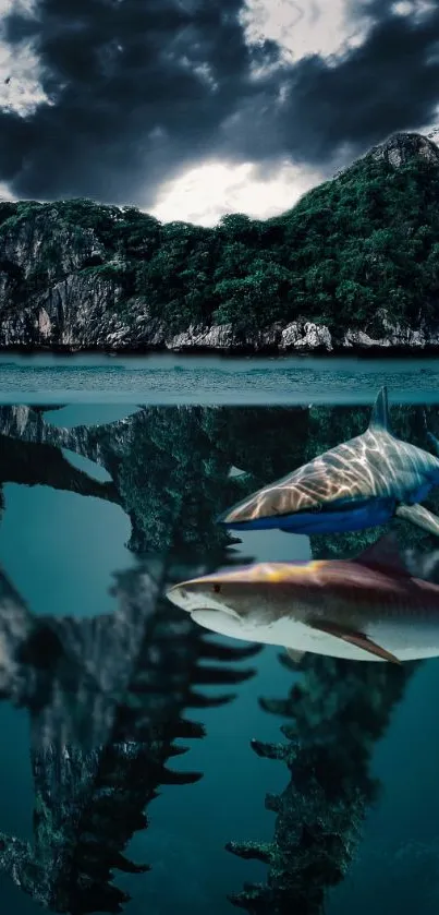 A surreal scene with ocean, sharks, and islands against a dramatic sky.