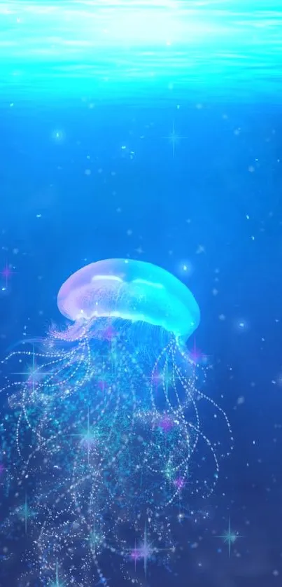 Glistening blue ocean wallpaper featuring a glowing jellyfish.