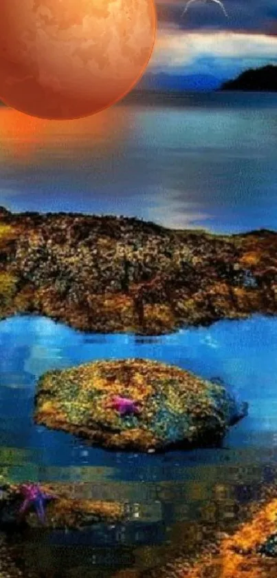 Mystical ocean landscape with sunrise and heart-shaped tidepool.