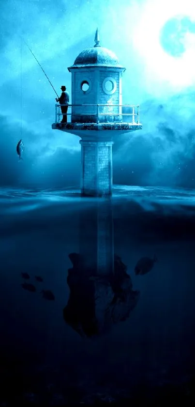 Lighthouse over ocean with moonlit sky and fisherman.