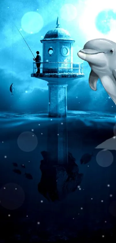 Mystical ocean wallpaper with a lighthouse and a dolphin, set under a moonlit sky.