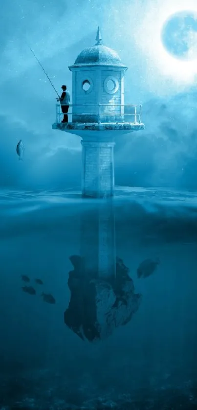 Lone lighthouse above ocean with moonlit sky and fish underwater.