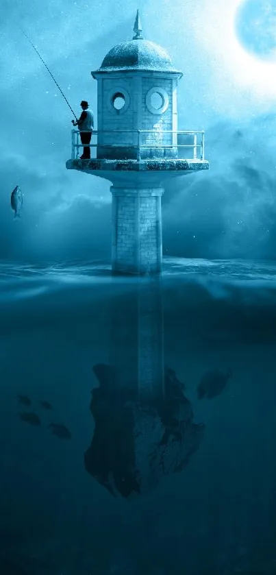 A surreal lighthouse in an ocean night scene with a fishing figure under starry skies.