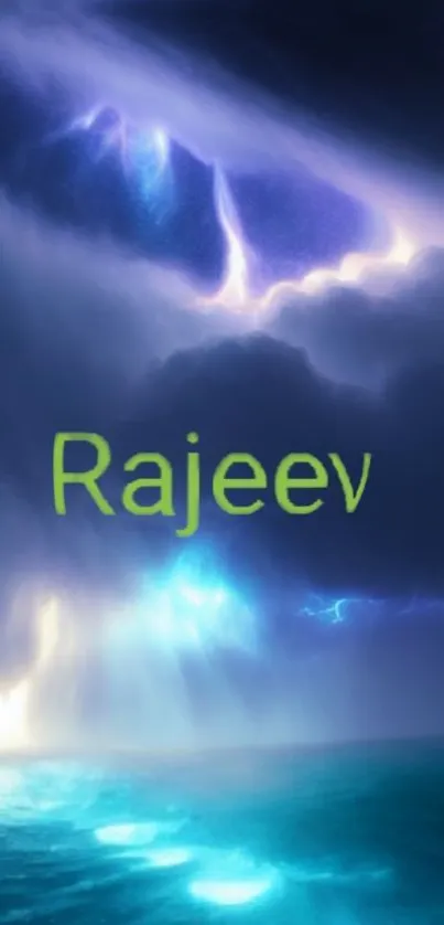 Mystical ocean lightning scene with name Rajeev in green text.