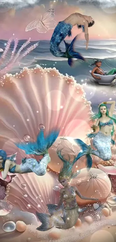 Mermaids among seashells in a mystical ocean fantasy art.