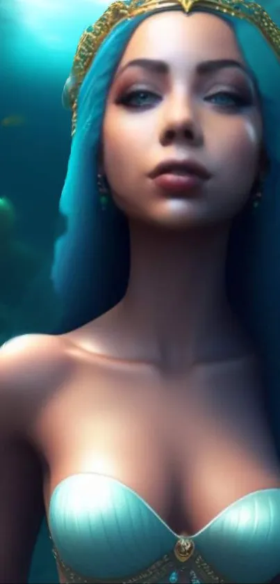 A mystical mermaid with blue hair underwater, exuding elegance.