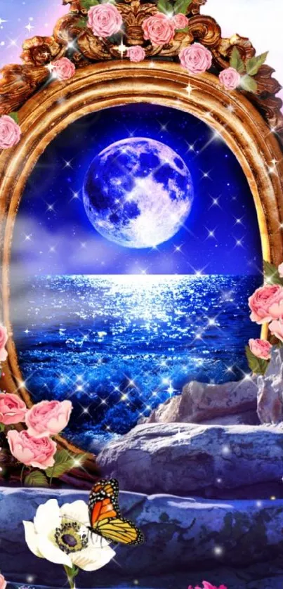 Mystical moonlit ocean through floral frame.