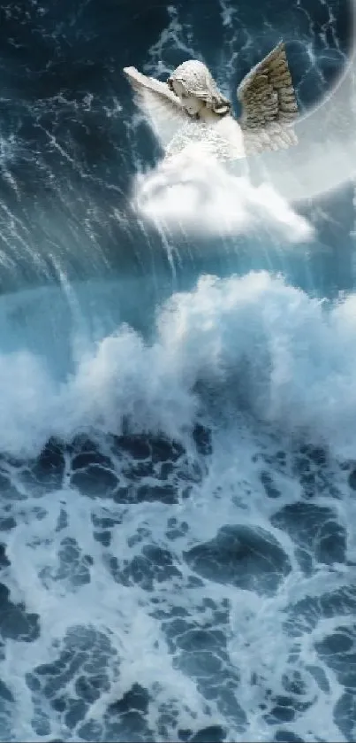 Mystical ocean waves with a crescent moon.