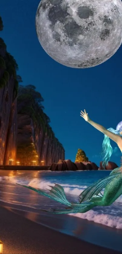 Mermaid in moonlit ocean with full moon and cliff backdrop.