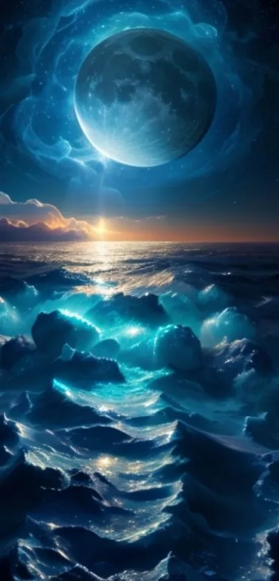 Enchanting ocean with moonlight and glowing waves, creating a mystical night scene.