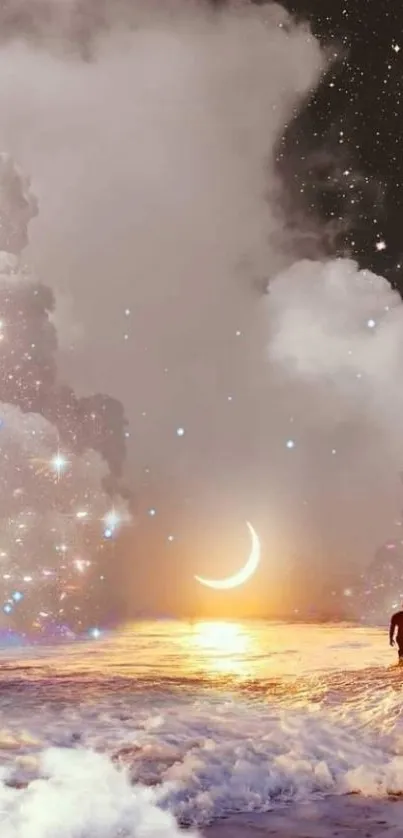 Ocean at night with crescent moon and man walking under star-filled sky.