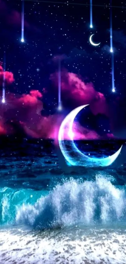 Mystical ocean night with moon and vibrant stars in the dark sky.